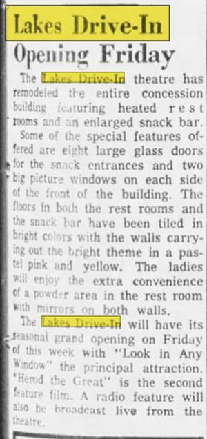 Lakes Drive-In Theatre - Mar 15 1961 Article
